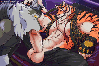 abs anthro anthro_on_anthro anthro_penetrated anthro_penetrating anthro_penetrating_anthro balls biped bottomwear claws clothed clothing duo erection fangs finger_claws foreskin genitals hand_on_head humanoid_genitalia humanoid_penis interspecies male male/male male_anthro male_penetrated male_penetrating male_penetrating_male muscular muscular_anthro muscular_male nipples open_bottomwear open_clothing open_pants open_topwear open_vest oral oral_penetration pants pecs penetration penile penile_penetration penis penis_in_mouth retracted_foreskin sex sharp_teeth teeth topwear vein veiny_penis vest lionkinen epic_games fortnite oscar_(fortnite) wendell_(fortnite) canid canine canis felid mammal pantherine tiger wolf 2024 2d_animation 3:2 animated animated_gif digital_media_(artwork) short_playtime