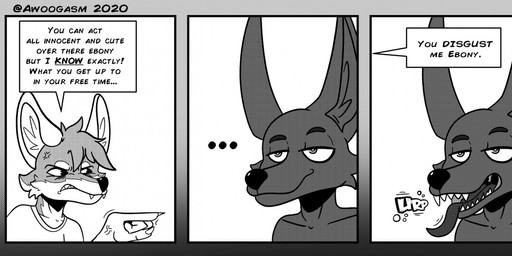 anthro burping clenched_teeth clothing comic_panel cross-popping_vein dialogue duo ears_up ellipsis fangs fur gesture half-closed_eyes hand_gesture inner_ear_fluff male mouth_closed narrowed_eyes open_mouth pointing shirt sound_effects speech_bubble teeth text tongue tongue_out topwear tuft vore awoogasm ebony_(awoogasm) vox_(awoogasm) anubian_jackal canid canine canis fox jackal mammal 2020 comic signature