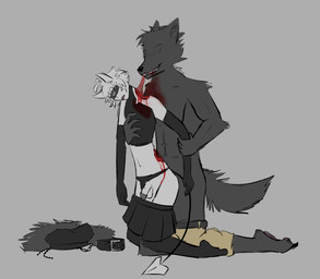 anthro blood bodily_fluids bottomwear clothed clothed_sex clothing crop_top crossdressing death duo femboy fluffy fluffy_hair fur_boa gore hair hard_vore horn legwear male necrophilia pale_skin sex shirt skirt solo spade_tail tail thigh_highs topwear vore elegance986_(artist) syn_(syn924) canid canine canis kipino_cyclops mammal wolf hi_res