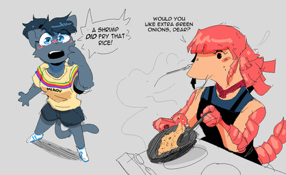 anthro appliance apron black_apron black_clothing black_text blue_body blue_ears blue_eyes blue_fur blue_hair blue_tail bottomwear breasts clothed clothed_anthro clothed_female clothing cooking cookware cutlery dialogue duo eye_through_hair eyelashes female female/female female_anthro fingers food footwear fried_rice front_view frying_pan fur hair holding_spoon kitchen_utensils multicolored_body open_mouth ponytail rice shirt shoes shorts simple_background spoon steam stove tail text tools topwear translucent translucent_hair white_clothing white_footwear white_sclera white_shoes conditional_dnp sonokido shrimp_fried_rice ventura_city_drifters arthropod crustacean domestic_cat felid feline felis mammal marine russian_blue shrimp 2022 digital_media_(artwork) hi_res meme