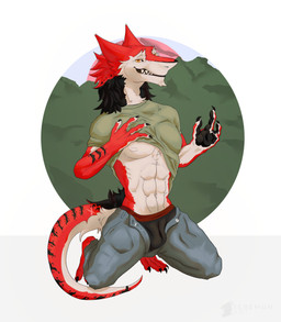 4_fingers 4_toes abs anthro black_body black_claws black_clothing black_fur black_palms black_underwear bottomwear bulge claws clothed clothing clothing_lift denim denim_bottomwear denim_clothing digitigrade feet fingers fur hair jeans kneeling looking_at_viewer male markings muscular muscular_anthro muscular_male nipples open_bottomwear open_clothing open_pants pants partially_clothed pecs red_body red_fur scar shirt shirt_lift simple_background smile solo tail teeth toes topwear underwear white_body white_fur yellow_eyes conditional_dnp teremunart dagger_(defnotdagger) sergal absurd_res hi_res