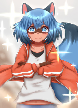 5_fingers anthro black_ears black_nose blue_eyes blue_hair blush brown_body brown_fur clothed clothing crossed_arms cute_fangs dipstick_tail fangs female female_anthro fingers fully_clothed fur gloves_(marking) hair happy jacket looking_at_viewer markings multicolored_hair multicolored_tail navel red_clothing shirt short_hair smile solo star tail tail_markings teeth topwear white_clothing horokusa0519 brand_new_animal studio_trigger michiru_kagemori canid canine mammal raccoon_dog tanuki 2020 digital_media_(artwork) half-length_portrait hi_res portrait