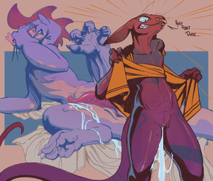 after_sex angry anthro bed_sheet bedding bodily_fluids clothed clothing cum cum_drip cum_in_vagina cum_inside cum_on_leg dialogue dripping duo embarrassed excessive_cum excessive_genital_fluids female genital_fluids long_tail male male/female partially_clothed raised_leg tail text unwanted_cum_inside sephive rez_(sephive) saer_(sephive) aquatic eel fish massiu scalie english_text