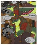alligator alligatorid anthro body_hair bulge chest_hair cigar clothed clothing comic crocodilian darkpenguin dialogue duo english_text facial_hair furniture hair hi_res inside jewelry landon_(darkpenguin) larger_male laugh licking male male/male mammal nipples open_mouth otis_(darkpenguin) overweight procyonid raccoon red_eyes reptile scalie sharp_teeth size_difference smaller_male smile smoke smoking sofa teeth text tongue tongue_out yellow_eyes