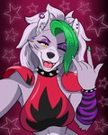 2024 4:5 5_fingers anthro armwear artist_name black_nose bracelet breasts bust_portrait canid canine canis chisheq claws clothing collar digital_media_(artwork) ear_piercing ear_ring eyebrows eyelashes eyeshadow fangs female finger_claws fingers five_nights_at_freddy's five_nights_at_freddy's:_security_breach front_view gesture green_claws hair hand_gesture hi_res highlights_(coloring) ily_sign inner_ear_fluff jewelry long_hair looking_at_viewer makeup mammal one_eye_closed open_mouth pattern_background piercing portrait purple_eyeshadow purple_highlights ring_piercing roxanne_wolf scottgames selfie shoulder_grab simple_background solo spiked_bracelet spiked_collar spikes star-shaped_background steel_wool_studios teeth topwear tuft white_hair wink winking_at_viewer wolf yellow_eyes