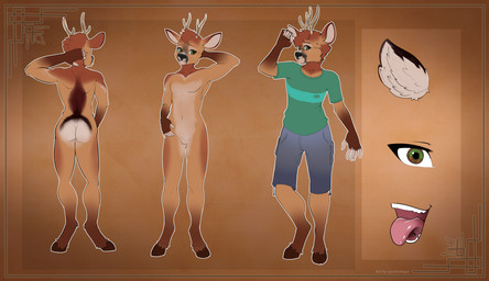5_fingers adolescent anthro antlers bottomwear brown_body brown_fur butt clothed clothing ears_up featureless_crotch fingers freckled_face freckles front_view fur green_eyes hair hooves horn male multicolored_body multicolored_fur pants rear_view shirt simple_background solo standing tail teeth tongue topwear white_body white_butt white_fur young young_anthro synnfultiger lukas_(realzero) deer mammal new_world_deer roe_deer absurd_res digital_media_(artwork) hi_res model_sheet