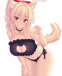 bell bell_collar big_breasts blonde_hair breasts cat_lingerie cleavage_cutout clothing collar cutout female hair lingerie panties ponytail pupils red_eyes side-tie_panties simple_background slit_pupils smile solo text underwear white_background fastrunner2024 tiffy_(fastrunner2024) animal_humanoid cat_humanoid felid felid_humanoid feline feline_humanoid humanoid mammal mammal_humanoid 2024 hi_res url