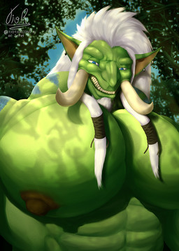 abs barazoku big_muscles big_pecs ear_piercing florest green_body hair huge_muscles huge_pecs hyper hyper_muscles hyper_pecs long_hair looking_at_viewer muscular nipples painted_body pecs piercing sky smile smiling_at_viewer white_hair tiotiored maalik_(vorewin) troll_(mythology) portrait signature