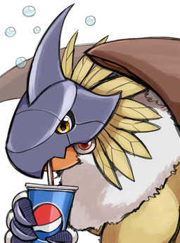 ambiguous_gender claws drinking drinking_straw feathers feral iris multicolored_body orange_body pupils simple_background solo white_background white_body yellow_body yellow_eyes yellow_feathers qkranks bandai_namco digimon pepsi digimon_(species) gryphonmon 2025 absurd_res hi_res