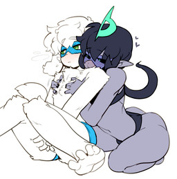 5_fingers anthro black_hair black_nails black_sclera blush bodily_fluids bulge chest_grab clothed clothing colored_nails duo embarrassed fingers fur green_eyes grey_body grey_skin hair heart_symbol humanoid_on_anthro humanoid_pointy_ears kneeling male male/male monster_girl_(genre) motion_lines nails pale_skin pointy_ears ponytail simple_background sitting sweat sweatdrop teal_eyes topless white_background white_body white_fur doppel docu_(doppel) humanoid unknown_species character_request