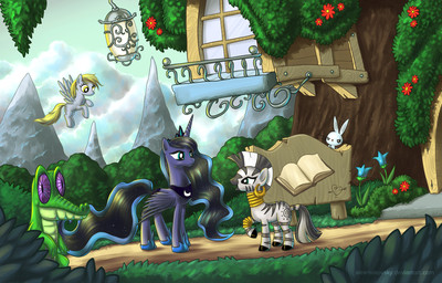 balcony blonde_hair blue_body blue_feathers crown cutie_mark ear_piercing ethereal_hair feathered_wings feathers female feral flower grey_body grey_feathers group hair headgear horn lamp lantern library long_hair male piercing plant quadruped sign smile stripes tail tree wings wood yellow_eyes alexmakovsky friendship_is_magic hasbro my_little_pony mythology angel_(mlp) derpy_hooves_(mlp) gummy_(mlp) princess_luna_(mlp) zecora_(mlp) alligator alligatorid crocodilian equid equine lagomorph leporid mammal mythological_creature mythological_equine pegasus rabbit reptile scalie winged_unicorn zebra hi_res