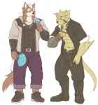 abs anthro biceps canid canine clothed clothing duo fur male mammal muscular muscular_male open_clothing open_shirt open_topwear pecs shirt topwear tsukigata_rossi