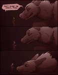 anthro bodily_fluids clothed clothing dialogue duo feral fur hair male male/male simple_background size_difference text lemondeer mordecai_(lemondeer) noah_(downthehatch) canid canine human mammal monster comic digital_media_(artwork) english_text hi_res monochrome