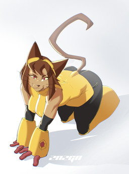 anthro breasts brown_body brown_hair butt clothed clothing eyebrows eyewear eyewear_on_head female fur goggles hair kneeling looking_at_viewer narrowed_eyes shadow simple_background smile snout solo tail tan_body whiskers white_background yellow_sclera zanzagen gameoverse glitch_productions kit_bodega domestic_cat felid feline felis mammal absurd_res digital_media_(artwork) hi_res