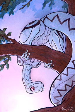 anthro crouching female flat_chested genitals in_tree long_nails looking_offscreen nude plant red_eyes scales smile solo tree vulva white_body white_scales mitery22 yussa_(mitery22) african_viper gaboon_viper reptile scalie snake viper hi_res