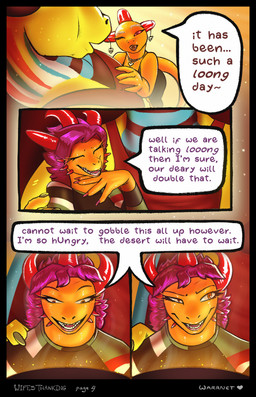 anthro apron apron_only camo camo_clothing camo_print clothing dialogue eyelashes female hair horn jewelry lips long_eyelashes male necklace open_mouth pattern_clothing pink_lips red_eyes simple_background smile speech_bubble spikes spikes_(anatomy) tail teeth text warrnet mythology aimy dutcher pascale dragon mythological_creature mythological_scalie scalie absurd_res comic digital_media_(artwork) english_text hi_res