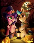 brown_eyes castle chest_tuft clothing costume duo female feral fetlocks flashlight food footwear fruit fur green_eyes green_hair green_mane hair halloween_costume hat headgear headwear holidays hooves legwear male mane moon night pattern_clothing pattern_footwear pattern_legwear pattern_socks pink_body pink_fur plant pumpkin purple_hair purple_mane scarecrow smile socks striped_clothing striped_footwear striped_socks stripes tree tuft wings witch_costume witch_hat yellow_body yellow_fur rainbowfire halloween hasbro mlp_g5 my_little_pony mythology hitch_trailblazer_(mlp) pipp_petals_(mlp) earth_pony equid equine horse mammal mythological_creature mythological_equine pegasus pony 2022 4:5 absurd_res digital_media_(artwork) hi_res