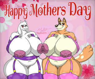 2_horns 3_fingers abstract_background accessory anthro areola arm_squish armwear asymmetrical_breast_frottage bedroom_eyes belly big_areola big_breasts big_eyes big_iris big_nipples big_nose big_pupils biped black_eyebrows black_eyes black_nose blush blushing_profusely breast_grab breast_squish breasts breasts_frottage brown_body brown_ears brown_fur cheek_tuft closed_smile clothing countershade_fur countershade_torso countershading curved_eyebrows curvy_figure duo elbow_gloves eyebrows eyelashes facial_tuft fangs female female/female fingerless_gloves fingers floppy_ears fur fur_tuft garter garter_belt garter_straps genitals glistening glistening_areola glistening_armwear glistening_clothing glistening_elbow_gloves glistening_eyelids glistening_eyes glistening_face glistening_fingerless_gloves glistening_garter_belt glistening_garter_straps glistening_genitalia glistening_gloves glistening_handwear glistening_legwear glistening_lingerie glistening_nipples glistening_nose glistening_thigh_highs glistening_vulva gloves hand_on_breast hand_on_own_breast handwear head_tuft holidays horn huge_areola huge_breasts huge_nipples huge_thighs innie_vulva iris legwear light_areola light_body light_fur light_markings light_nipples lingerie looking_at_viewer lop_ears markings mature_anthro mature_female mouth_closed multicolored_body multicolored_fur multicolored_tail narrowed_eyes navel neck_tuft nipples orange_body orange_fur orange_tail outline pink_areola pink_armwear pink_clothing pink_elbow_gloves pink_fingerless_gloves pink_garter_belt pink_garter_straps pink_gloves pink_handwear pink_legwear pink_lingerie pink_nipples pink_thigh_highs pointy_ears prick_ears puffy_areola puffy_nipples pupils purple_armwear purple_clothing purple_elbow_gloves purple_fingerless_gloves purple_garter_belt purple_garter_straps purple_gloves purple_handwear purple_legwear purple_lingerie purple_thigh_highs red_blush red_eyes red_text seductive slightly_chubby slightly_chubby_anthro slightly_chubby_female smile smiling_at_viewer snout spots spotted_body spotted_fur spotted_markings spotted_tail squish standing tail tail_markings tan_inner_ear teeth text thick_eyebrows thick_eyelashes thick_neck thick_thighs thigh_highs thigh_squish thin_eyebrows tuft two_tone_tail voluptuous voluptuous_anthro voluptuous_female vulva white_body white_breasts white_countershading white_ears white_eyebrows white_fur white_horn white_markings white_outline white_sclera white_spots white_tail wide_hipped_anthro wide_hipped_female wide_hips mgdire671 bluey_(series) mother's_day undertale undertale_(series) chilli_heeler toriel australian_cattle_dog boss_monster_(undertale) bovid bovine canid canine canis caprine cattle cattledog domestic_dog goat herding_dog mammal pastoral_dog 2026 artist_name crossover digital_drawing_(artwork) digital_media_(artwork) english_text hi_res signature