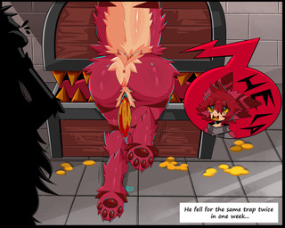 4_toes anthro anus blue_precum blue_pupils bodily_fluids butt coin collar eye_through_hair feet fur genital_fluids genitals gold_(metal) gold_coin hair leaking_precum leg_tuft male metal_collar multicolored_body multicolored_fur nude open_mouth orange_penis pawpads paws penis precum presenting presenting_hindquarters pupils red_body red_fur red_hair red_pawpads restrained striped_ears tail tail_tuft tan_body tan_fur tapering_penis tears text toes translucent translucent_hair tuft two_tone_body two_tone_fur x_anus yellow_sclera gaogomon gaogomon_(oc) aquatic fish humanoid mammal mimic mimic_chest shark absurd_res english_text hi_res