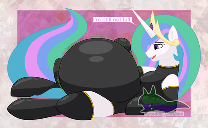 belly big_belly blush clothing crown cutie_mark female feral hair headgear hoof_on_belly horn latex latex_clothing latex_legwear legwear looking_at_belly lying multicolored_body on_side onomatopoeia open_mouth overweight simple_background solo sound_effects stockings tail text thigh_highs vore white_body wings arceus_tummy friendship_is_magic hasbro my_little_pony mythology princess_celestia_(mlp) equid equine horse mammal mythological_creature mythological_equine pony winged_unicorn absurd_res digital_media_(artwork) english_text hi_res
