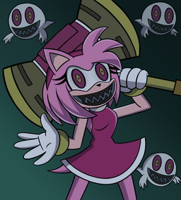 anthro black_teeth clothed clothing dress female fur gloves gradient_background green_background group handwear looking_at_viewer piko_piko_hammer pink_body pink_fur possession red_clothing red_dress sharp_teeth simple_background standing teeth white_clothing white_gloves white_handwear tabzdrawzstuff sega sonic_the_hedgehog_(series) amy_rose possessed_amy_rose boo_(sonic) boom_boo_(sonic) eulipotyphlan ghost hedgehog mammal spirit 2026 hi_res