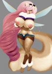 antennae_(anatomy) big_breasts blush bodily_fluids breast_fondling breast_play breasts clothed clothing clothing_lift curvy_figure drill_curls female fondling grey_background hair hand_on_breast huge_breasts insect_wings lactating long_hair looking_at_viewer milk panties pink_hair pose shirt shirt_lift simple_background skimpy smile solo thick_thighs topwear underwear voluptuous wide_hips wings privatepomegranate animal_humanoid arthropod cat_humanoid felid felid_humanoid feline feline_humanoid humanoid hybrid insect mammal mammal_humanoid