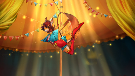 acrobatics aerial_acrobatics aerial_hoop anthro blue_eyes bob_cut bodysuit bright_light brown_hair cape circus clothing female fluffy fluffy_tail fur hair legwear looking_at_viewer midair orange_body orange_fur performance performing playful pose simple_background skinsuit smile smiling_at_viewer solo spotlight stage stage_show stockings tail tight_clothing lustration_artist lustration_team astra:_ardent_show furlough_games astra_(lustration_team) canid canine fox mammal red_fox true_fox 16:9 hi_res widescreen