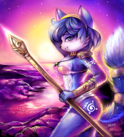 anthro biped blue_body blue_fur blue_hair bra clothed clothing detailed_background female fur hair holding_object holding_weapon looking_at_viewer melee_weapon outside polearm rock rocky_shore sea skimpy sky smile solo staff standing star starry_sky sunset underwear water weapon white_body white_fur kankitsuru nintendo star_fox krystal_(star_fox) canid canine fox mammal absurd_res hi_res
