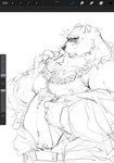 anthro belly big_belly blush bodily_fluids bottomwear can clothed clothing container kemono male moobs navel nipples open_clothing open_shirt open_topwear overweight overweight_male pants scar shirt solo sweat topwear luke_c419 mihoyo zenless_zone_zero ben_bigger bear mammal 2022 hi_res sketch