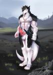 abs anthro armor ball biceps boots claws clothing day erection footwear fur genitals gloves gun handwear land male muscular muscular_anthro muscular_male nude outside penis ranged_weapon shoes sky solo tail weapon booboo34 discordnight sergal absurd_res hi_res