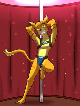 anthro clothed clothing feet hands_behind_head harness humanoid_feet jockstrap looking_at_viewer male navel plantigrade pole seductive solo strip_club stripper_pole underwear underwear_only fuze ratchet_and_clank sony_corporation sony_interactive_entertainment ratchet_(ratchet_and_clank) lombax mammal 3:4 hi_res