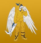 anthro bottomwear clothing feathers footwear hair hoodie male pants shoes simple_background solo standing tail topwear wings yellow_background yellow_clothing nameless00 mythology clei dragon feathered_dragon feathered_scalie mythological_creature mythological_scalie scalie windragon hi_res