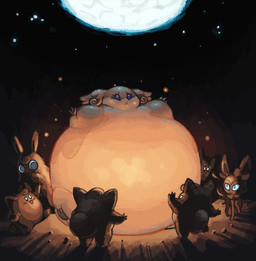 belly big_belly blue_sclera feral group huge_belly inflation night outside molaveda nintendo pokemon audino clefairy eeveelution generation_1_pokemon generation_5_pokemon generation_6_pokemon pokemon_(species) sylveon wigglytuff 2017