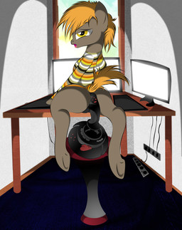 amber_eyes anal anal_penetration anthro anthrofied backsack balls biped bottomless brown_body brown_fur butt chair clothed clothing computer controller electronics fur furniture game_controller genitals hair improvised_sex_toy inside joystick light looking_at_viewer looking_back looking_back_at_viewer male monitor open_mouth orange_hair penetration presenting solo sunlight sweater table tail topwear window yellow_eyes v-d-k hasbro my_little_pony fan_character umber_(braeburned) earth_pony equid equine horse mammal pony 2012 absurd_res hi_res