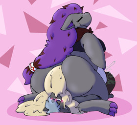 anthro anthro_on_anthro big_butt biped blue_eyes blush bottomless bra butt candy_scat clothed clothing duo eating_feces excessive_feces eye_through_hair eyes_closed feces feces_covered feces_in_mouth female female_on_top fur grey_body grey_fur hair ice_cream_scat kneeling looking_pleasured male markings on_top open_mouth overweight overweight_anthro overweight_female pattern_background pokeball premier_ball purple_hair rear_view rumbling_stomach scatplay simple_background smile sports_bra striped_markings striped_tail stripes sweater tail tail_markings topwear translucent translucent_hair underwear unusual_feces goopysecrets nintendo pokemon fan_character zor_(nya4) generation_5_pokemon mammal mephitid pokemon_(species) shiny_pokemon skunk zoroark 2025 hi_res gynomorph_(lore) trans_(lore) trans_woman_(lore)