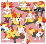 2024 3_fingers 3_toes 4_fingers absurd_res anthro biped black_eyebrows black_eyes black_legs black_mouth black_text black_top_hat blonde_hair bodily_fluids border braixen braixen_(kabula) canid canine censor_bar cheek_tuft clothing colored countershade_face countershade_fur countershading derp_eyes digital_drawing_(artwork) digital_media_(artwork) digitigrade dipstick_tail drooling eating emanata english_text exclamation_point eyebrows eyelashes facial_tuft feet female female_anthro fingers fluffy fluffy_tail food front_view full-length_portrait fur fur_tuft generation_6_pokemon glistening glistening_inner_ear_fluff hair half-length_portrait hat headgear headwear hi_res holding_mask inner_ear_fluff just_right kabula_(artist) looking_at_viewer lying mammal markings mask meat meme multiple_images nintendo on_front open_mouth pawpads paws pink_background pink_pawpads pink_tongue pokemon pokemon_(species) portrait question_mark red_eyes red_inner_ear_fluff red_mouth red_nose running saliva shaded simple_background smile soles solo standing stick stick_in_tail tail tail_markings teeth text three-quarter_view toes tongue tongue_out toony top_hat tuft uvula white_arms white_body white_border white_countershading white_text white_tuft yellow_body yellow_fur