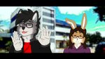 anthro brown_hair clothing cross-popping_vein duo fake_screencap fur grey_body grey_fur hair hoodie male topwear vein quantum_lapiz just_right theo_nyx canid canine canis lagomorph leporid mammal rabbit wolf 16:9 meme widescreen nonbinary_(lore)