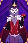 4_eyes anthro beak biped black_body clothed clothing detailed_background fingers front_view grey_body hat headgear headwear hollow_eyes male multi_eye multicolored_body pink_eyes solo standing tail white_body nicopossum helluva_boss stolas_(helluva_boss) avian bird demon owl hi_res