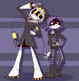 4_fingers biped black_boots black_clothing black_coat black_footwear black_hoodie black_topwear boots caution_stripes clothed clothed_female clothed_humanoid clothed_male clothing coat corrugated_arms corrugated_legs corrugation duo eyebrows featureless_feet feet female female_humanoid fingers footwear fur_trim_(clothing) gesture hair hoodie leg_warmers legwear machine male male_humanoid pattern_clothing pattern_leg_warmers pattern_legwear purple_eyebrows purple_eyes purple_hair salute screen_eyes shoes smile standing striped_clothing striped_leg_warmers striped_legwear stripes syringe tail topwear white_hair yellow_eyes gooseworx glitch_productions murder_drones n_(murder_drones) uzi_(murder_drones) android disassembly_drone humanoid robot tailed_humanoid worker_drone 2024 full-length_portrait hi_res portrait