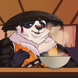 anthro asian_clothing asian_conical_hat bowl chinese_clothing chopsticks clothing container east_asian_clothing eyewear food fur glasses hat headgear headwear male multicolored_body multicolored_fur neck_tuft noodles ramen solo soup tuft aloafofb95506 mihoyo zenless_zone_zero pan_yinhu bear giant_panda mammal thiren 1:1 2025