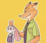 anthro bunny_ears_(gesture) clothed clothing duo ears_down fur gesture green_eyes grey_body grey_fur necktie orange_body orange_fur pivoted_ears police police_uniform purple_eyes shirt simple_background smile topwear uniform yellow_background うあさ disney zootopia judy_hopps nick_wilde canid canine fox lagomorph leporid mammal rabbit red_fox true_fox