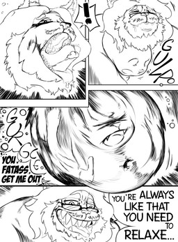 abdominal_bulge anthro anthro_pred belly big_belly big_butt bottom_heavy butt claws deep_navel digestion digestion_noises duo feet huge_belly huge_hips huge_thighs jock male male/male muscular navel nerd overweight overweight_male swallowed_alive swallowing text thick_thighs three-quarter_view toe_claws vore vore_implied wide_hips fiwzycat! animal_humanoid cat_humanoid domestic_cat felid felid_humanoid feline feline_humanoid felis humanoid mammal mammal_humanoid pantherine pantherine_humanoid tiger tiger_humanoid absurd_res black_and_white comic digital_media_(artwork) english_text full-length_portrait hi_res monochrome portrait