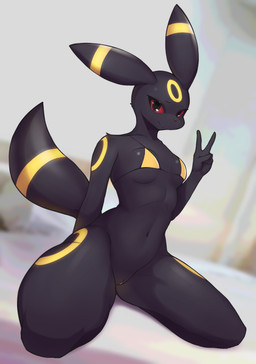 anthro biped black_body black_eyes black_tail bottomless bra breasts clothed clothing curvy_figure female fingers genitals gesture hand_gesture hourglass_figure kneeling looking_at_viewer multicolored_body multicolored_tail navel red_sclera rib_ridge small_breasts small_waist smile solo tail underwear v_sign vulva wide_hipped_anthro wide_hipped_female wide_hips yellow_body yellow_tail ayzcube nintendo pokemon eeveelution generation_2_pokemon pokemon_(species) umbreon 2024 digital_media_(artwork) hi_res