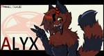 abstract_background anthro black_body black_fur fluffy fur highlights_(coloring) horn male pose red_body red_fur solo yellow_eyes infernaltanuki arc_system_works guilty_gear guilty_gear_strive alex_mayhem canid canine demon fox hybrid mammal procyonid raccoon cel_shading shaded