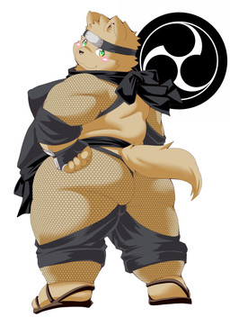 accessory anthro big_butt blush brown_body brown_fur butt clothed clothing fishnet_clothing fishnet_legwear fishnet_topwear footwear fur green_eyes headband legwear looking_back male moobs ninja overweight rear_view sandals shoes skimpy solo topwear warrior kiyo vtuber canid canine canis domestic_dog mammal