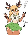 anthro antlers blonde_hair bottomwear cheerleader clothed clothing crop_top female flat_chested gesture green_eyes hair hand_gesture horn huge_hips looking_at_viewer midriff shirt simple_background skirt small_waist smile solo strip_game topwear v_sign white_background wide_hips sillyniko alba_(sillyniko) deer mammal 4:5 hi_res