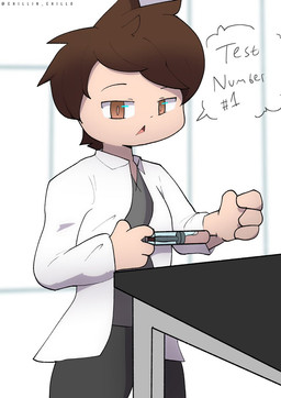 brown_hair clothed clothing coat dialogue diesel_fox fully_clothed furniture genetic_engineering genetic_transformation hair hand_transformation imminent_transformation injecting injection lab_coat laboratory male neutral_expression not_furry pre-transformation science_fiction scientific_experiment scientist serum solo standing syringe table text topwear transformation volunteer chillin_chillo human mammal english_text