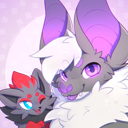 ambiguous_anthro ambiguous_feral ambiguous_gender anthro big_ears blep blue_eyes closed_smile duo fangs feral fur glistening glistening_eyes grey_body grey_fur grey_hair hair looking_at_viewer mouth_closed multicolored_hair one_eye_closed open_mouth open_smile pattern_background purple_eyes purple_inner_ear purple_nose purple_tongue red_hair red_tongue short_hair simple_background smile teeth tongue tongue_out two_tone_hair white_hair bloominglynx nintendo pokemon bat mammal species_request 1:1 hi_res