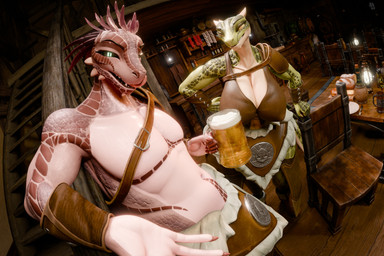alcohol anthro beverage big_breasts black_sclera breasts clothing dutch_angle female leather leather_clothing licking licking_lips looking_at_viewer male shirtless shoulder_strap tavern thick_thighs tongue tongue_out guimontag da.nilkaz_(modeler) bethesda_game_studios microsoft skyrim the_elder_scrolls deeja jaree-ra argonian scalie 3:2 3d_(artwork) absurd_res digital_media_(artwork) hi_res