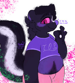 anthro belly_hair body_hair bottomwear clothing dialogue gesture hand_gesture male overweight overweight_male paint_splatter pants pink_eyes pointing pointing_at_self simple_background skunk_tail slightly_chubby solo sweatpants text topwear kippyskippy kay_(kippyskippy) mammal mephitid skunk striped_skunk absurd_res english_text hi_res